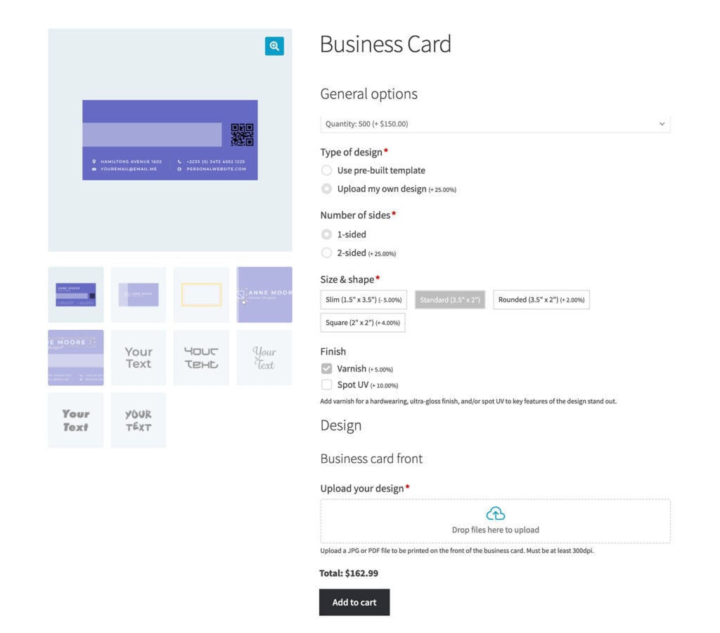 WooCommerce Print On Demand Business Card Printing Image Upload