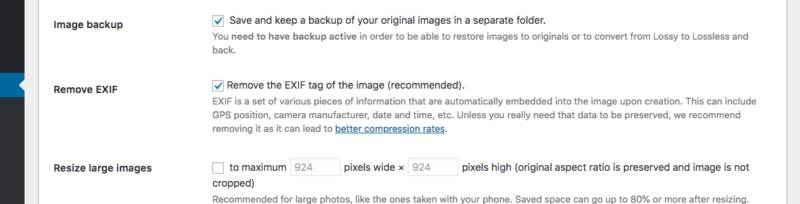 Setting in ShortPixel to remove EXIF data from images