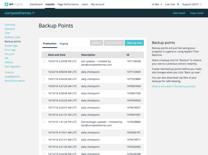 screenshot of the backups page in WP Engine dashboard