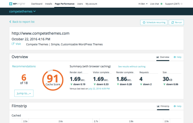 screenshot of a WP Engine page performance report