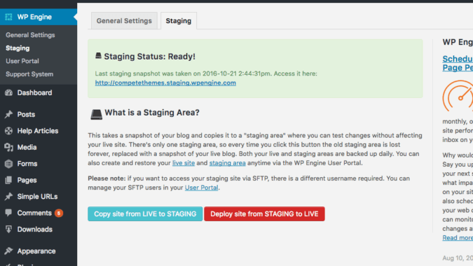 screenshot of the WP Engine staging page