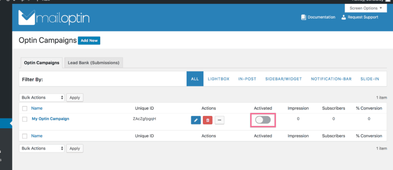 Activate MailOptin Campaign