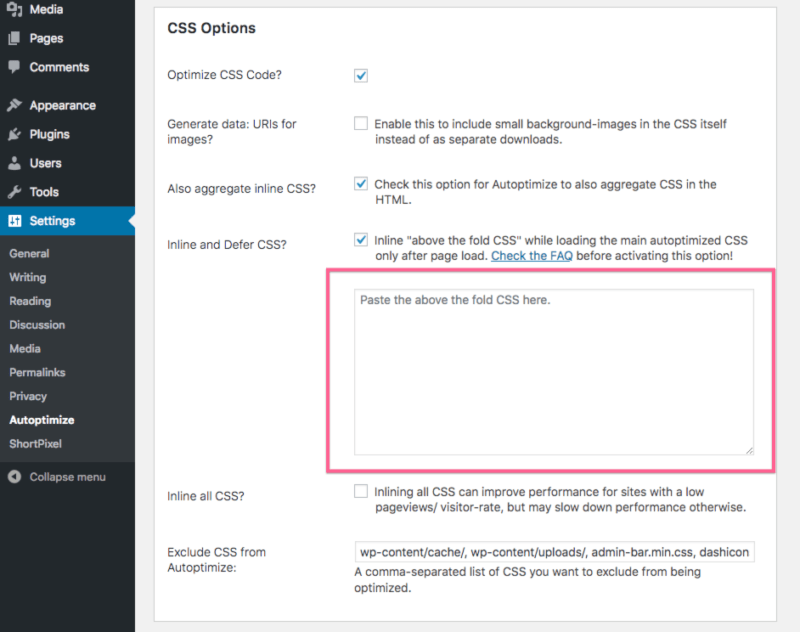 Autoptimize above the fold CSS setting