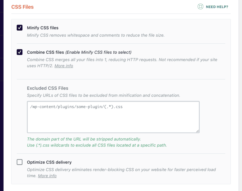 WP Rocket's CSS file optimization settings