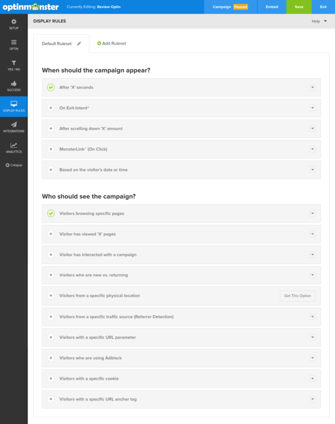 screenshot of the Optin Monster display rules