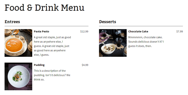 Food And Drink Menu