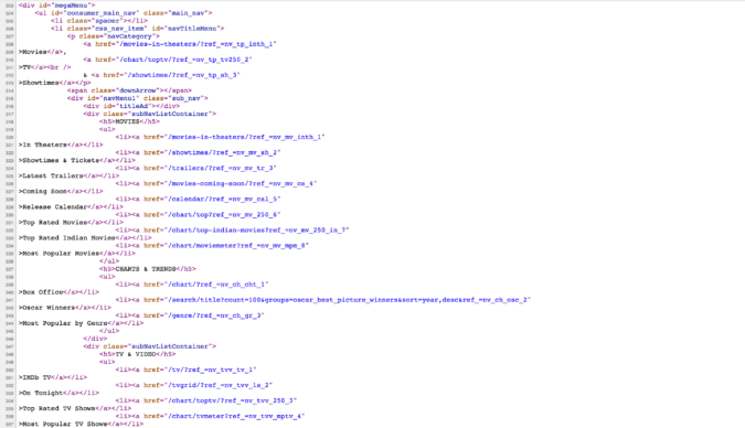 screenshot of the source HTML of IMDb.com
