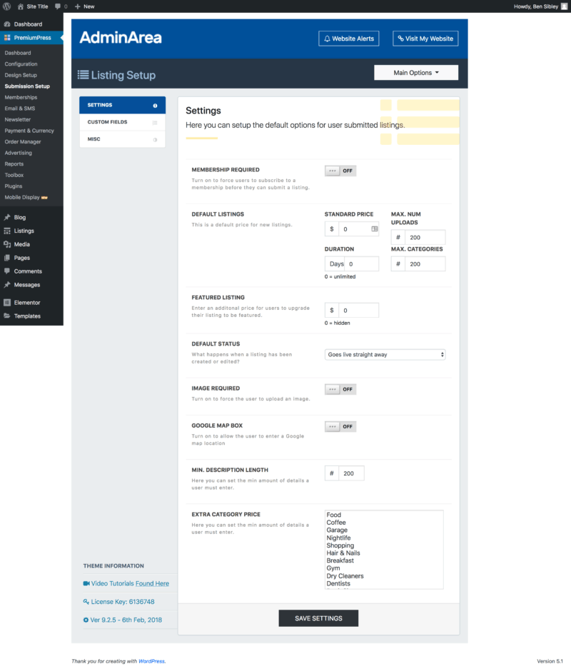 Listing Setup Menu