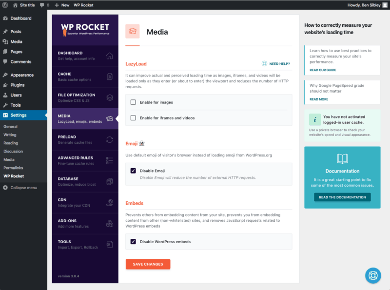 WP Rocket's media settings