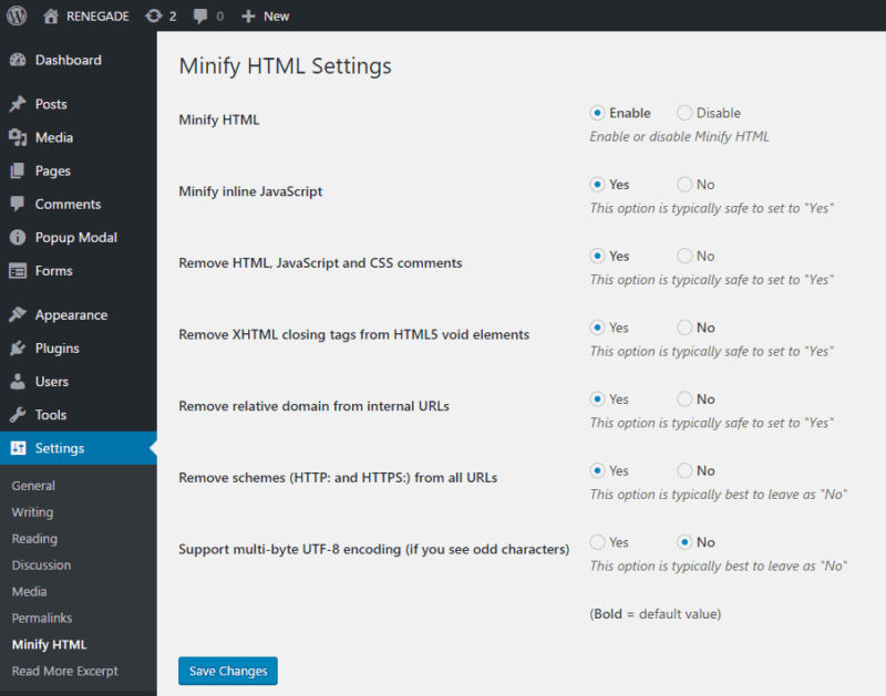 Minify HTML Settings