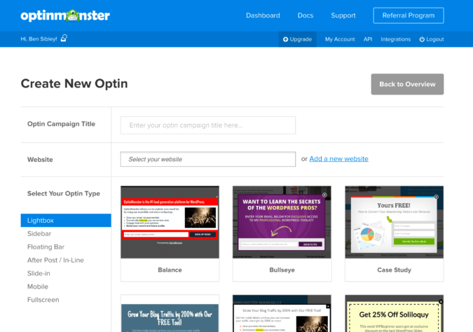 Optin type and theme selection page