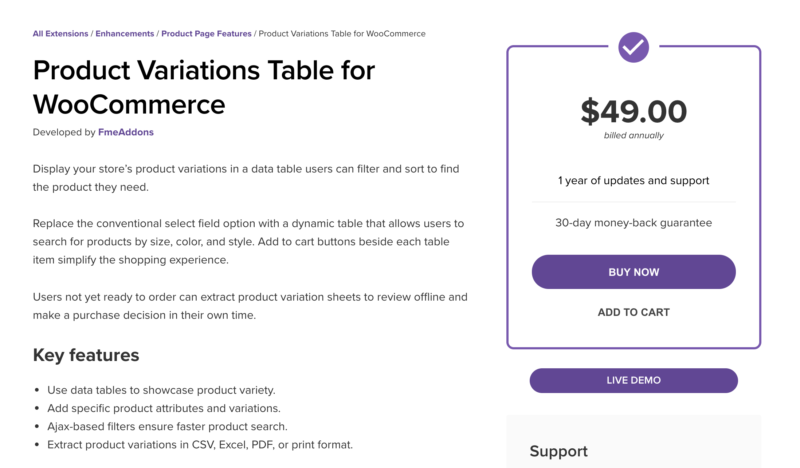 Product Variations Table