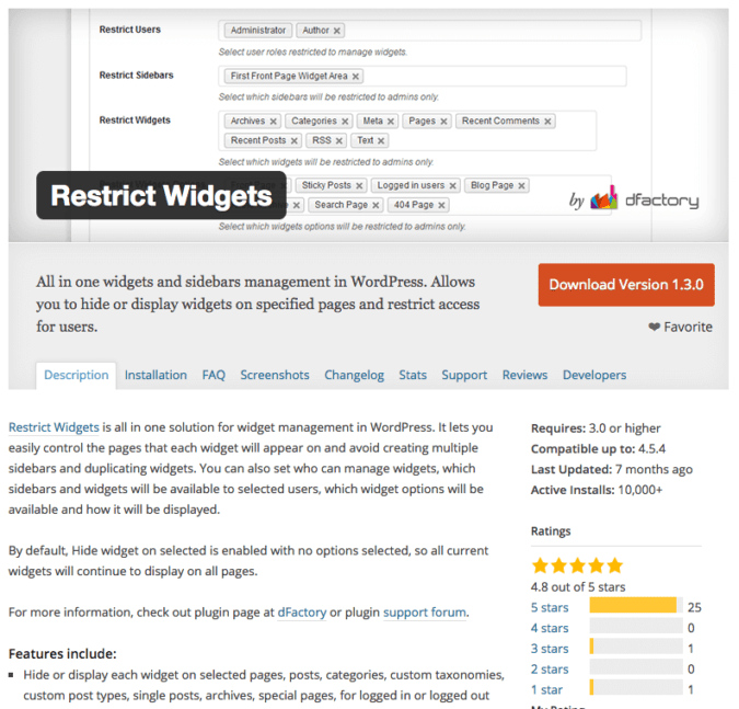 screenshot of the Restrict Widgets plugin on wordpress.org