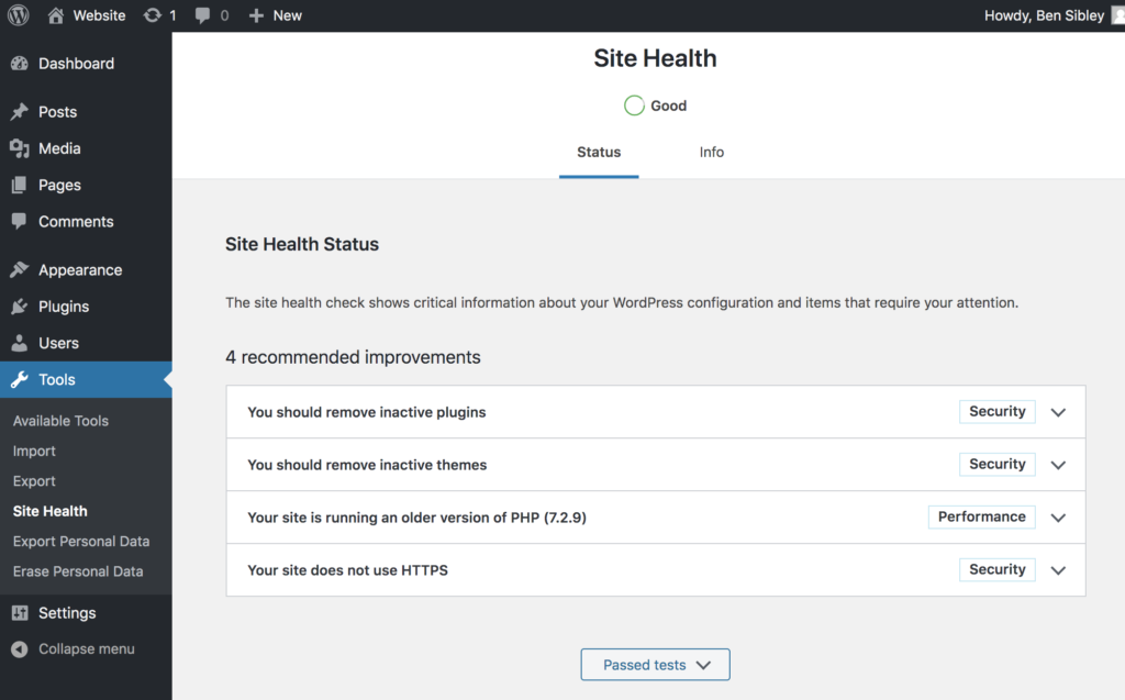 Site Health Menu