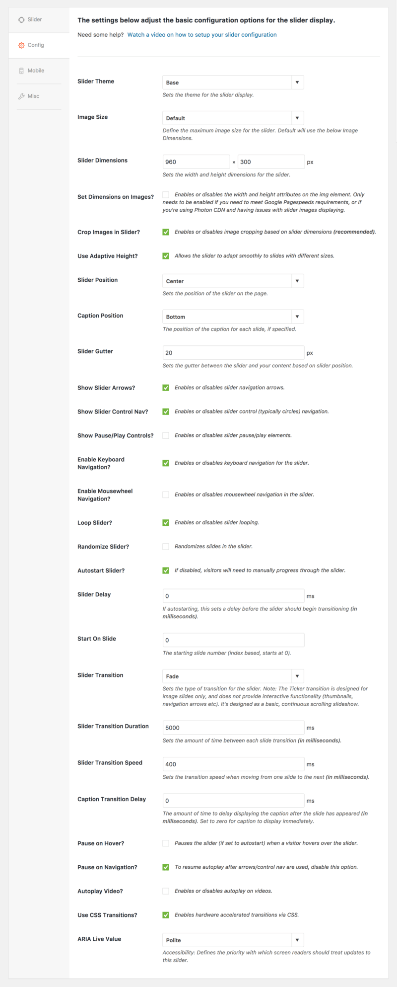 Configuration settings screenshot