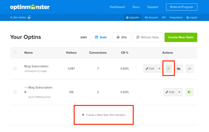 Screenshot for split-testing with OptinMonster