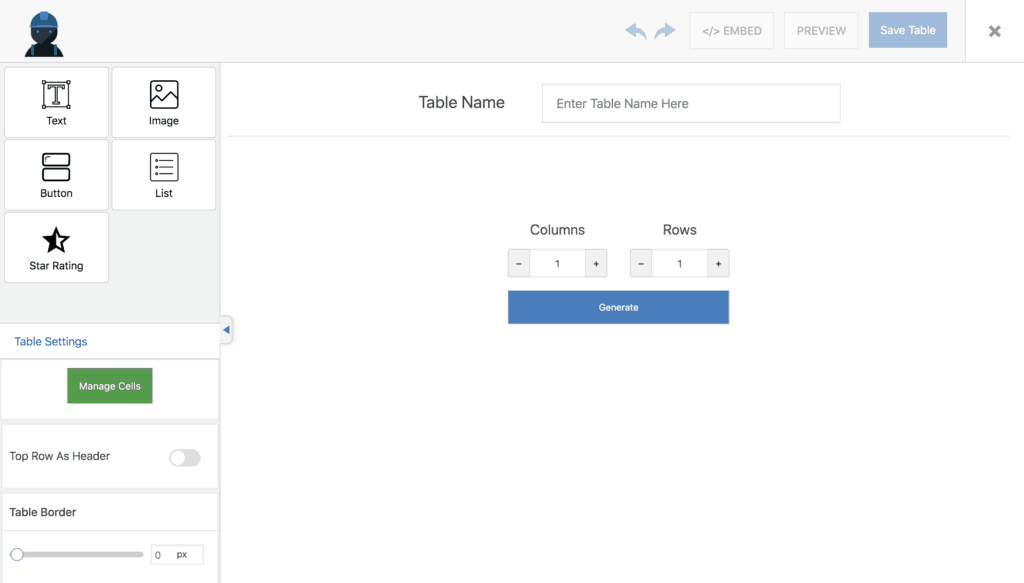 Table Builder Interface