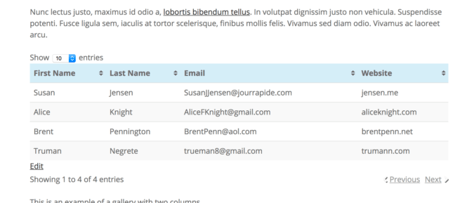 Example table being displayed with TablePress