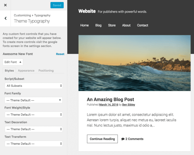 screenshot of the theme typography settings