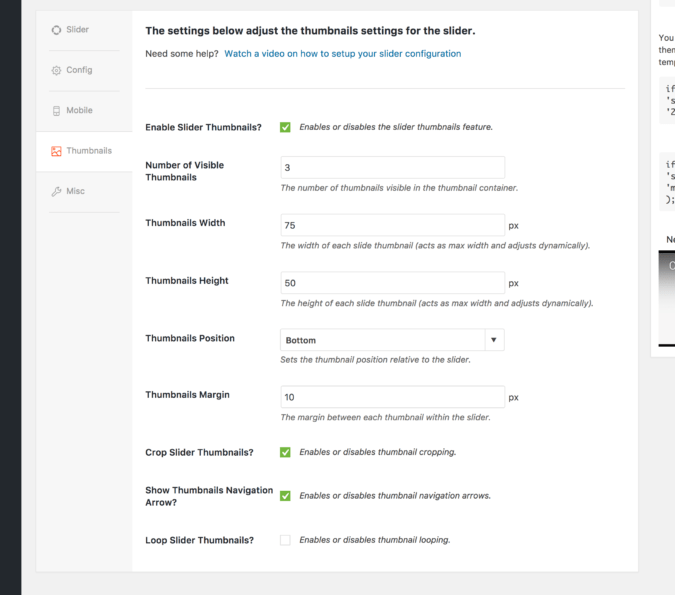 Thumbnail navigation settings panel