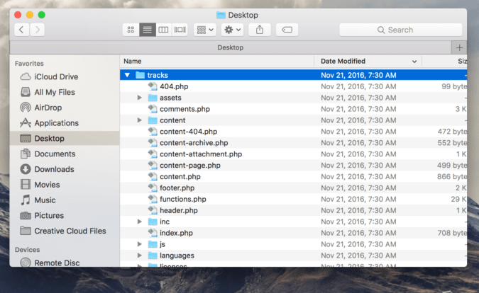 screenshot of a theme's files