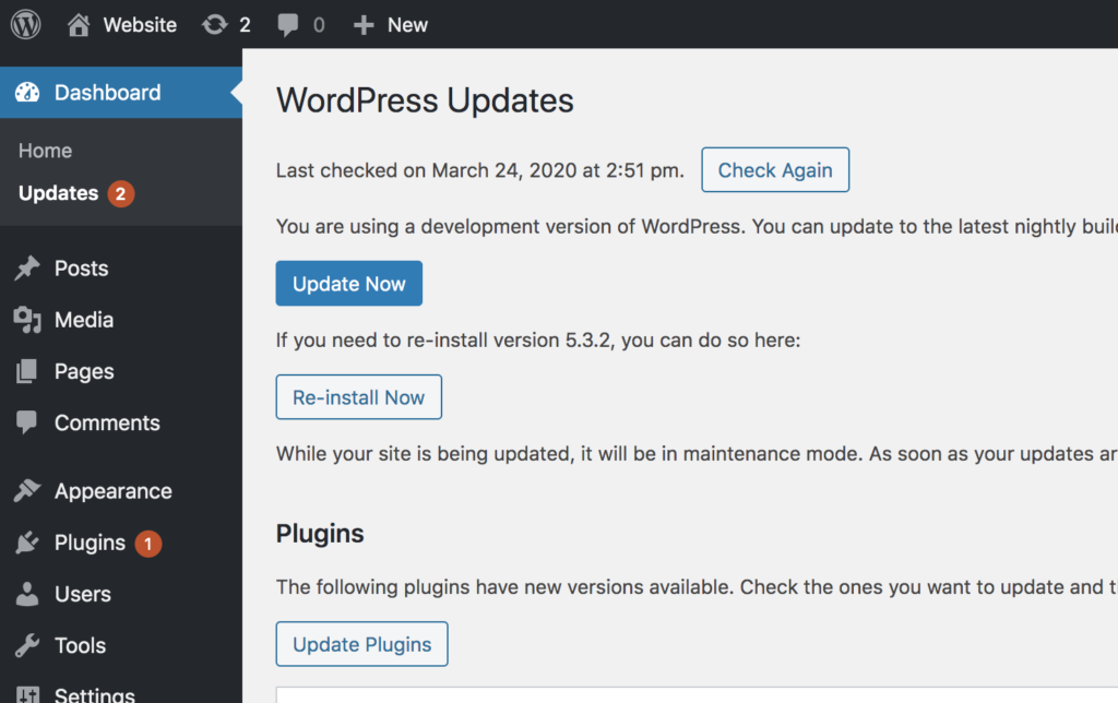 Wordpress Updates Menu