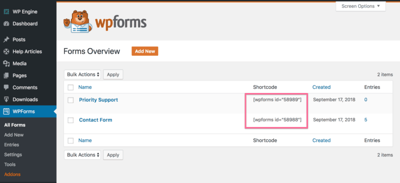 WP Forms Shortcodes