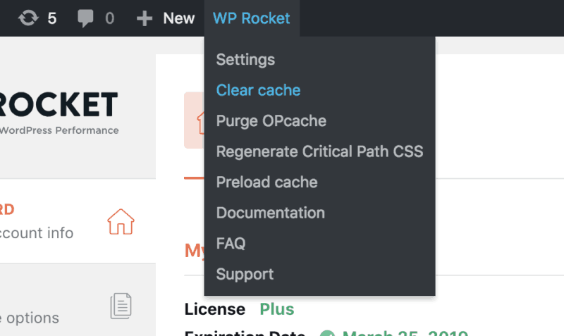 WP Rocket Clear Cache