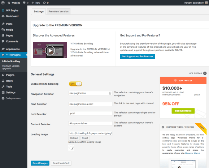 Screenshot of the YITH infinite scrolling settings menu